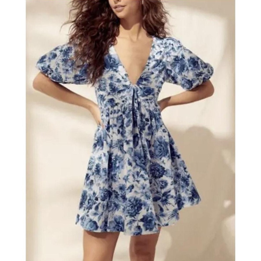 Abercrombie & Fitch Blue Floral Puff Sleeve Mini Dress with Front Tie